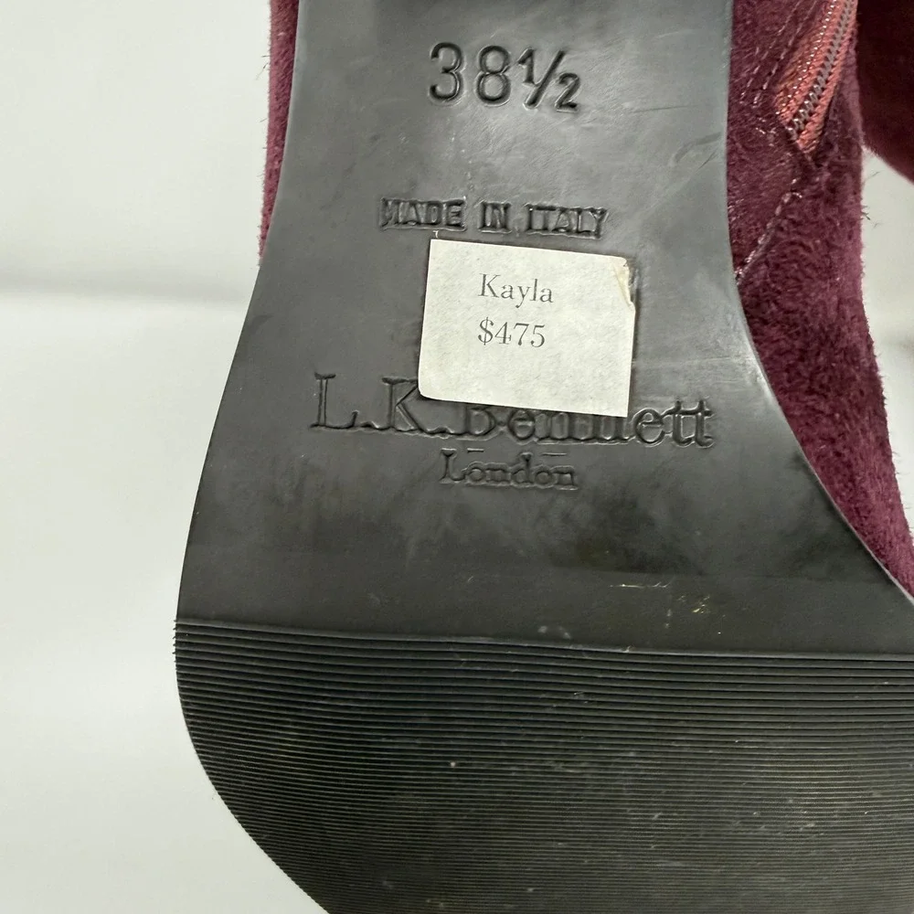 NWT LK Bennett Kayla Burgundy Suede Ankle Boots Made in Italy‎  Block Heel 38.5